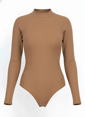 Brown ribbed long-sleeve bodysuit on a white background
