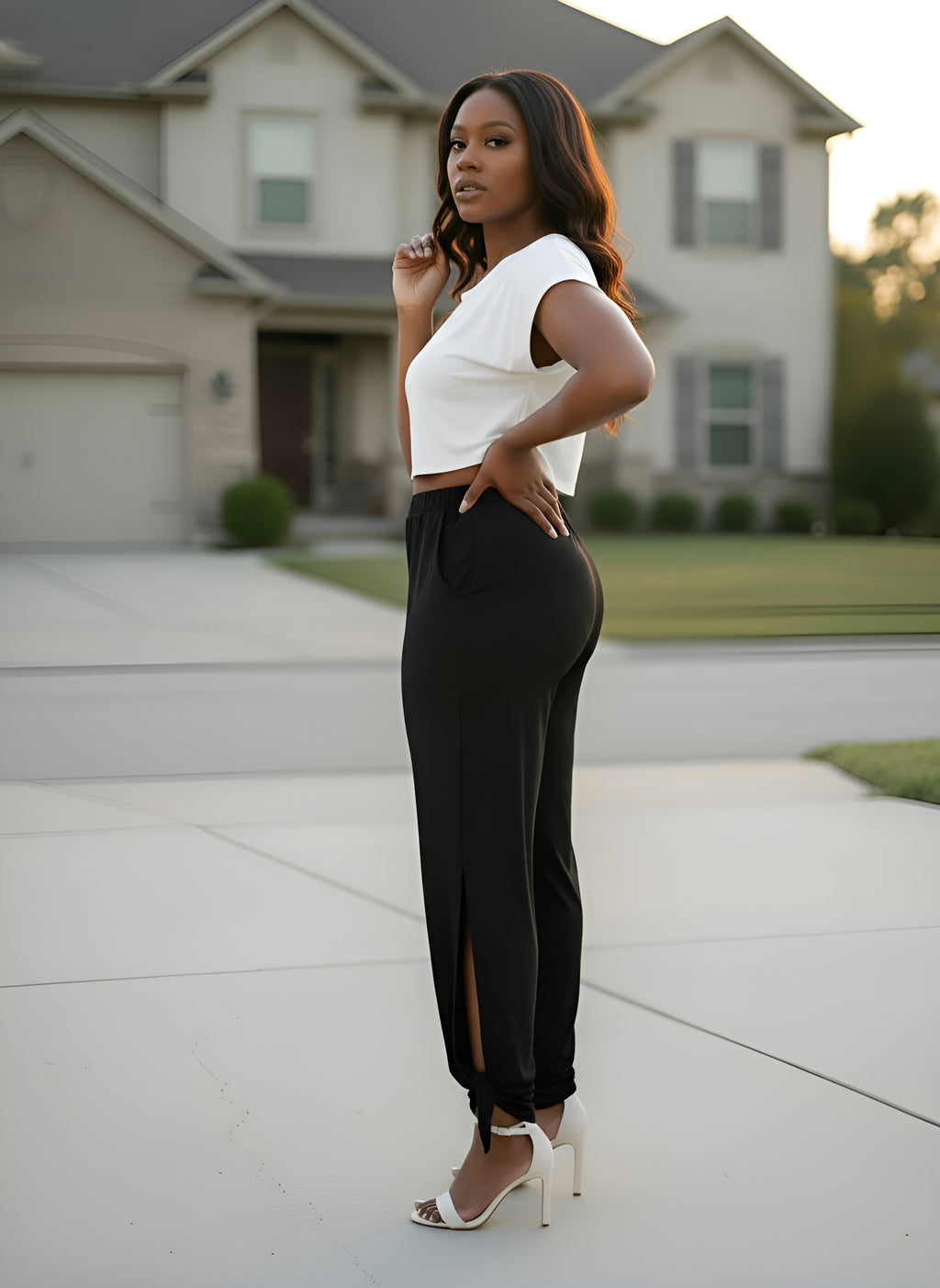 Woman in a white top and black pants standing in front of a house.