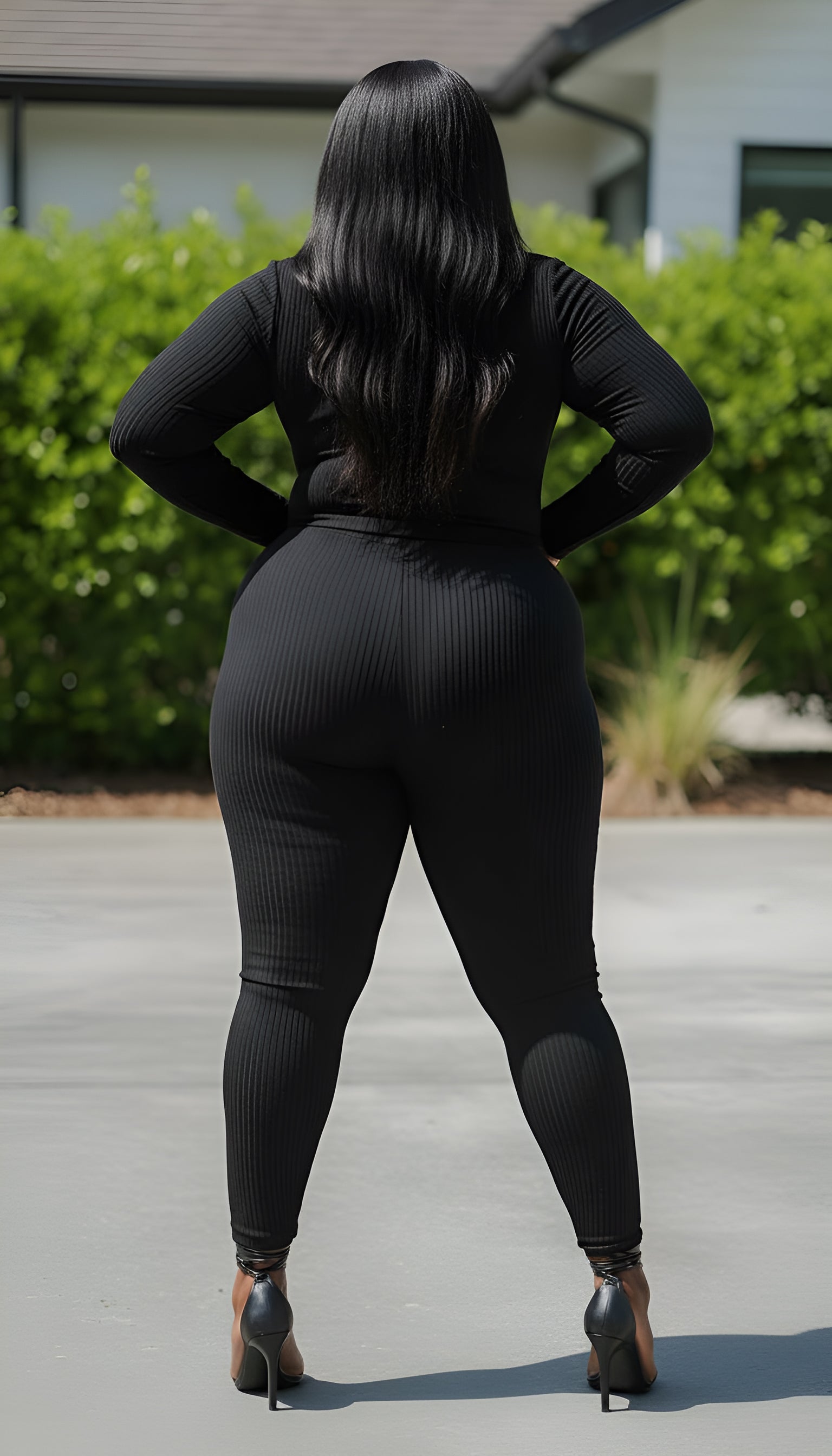 Person wearing a black ribbed outfit standing outdoors with greenery in the background