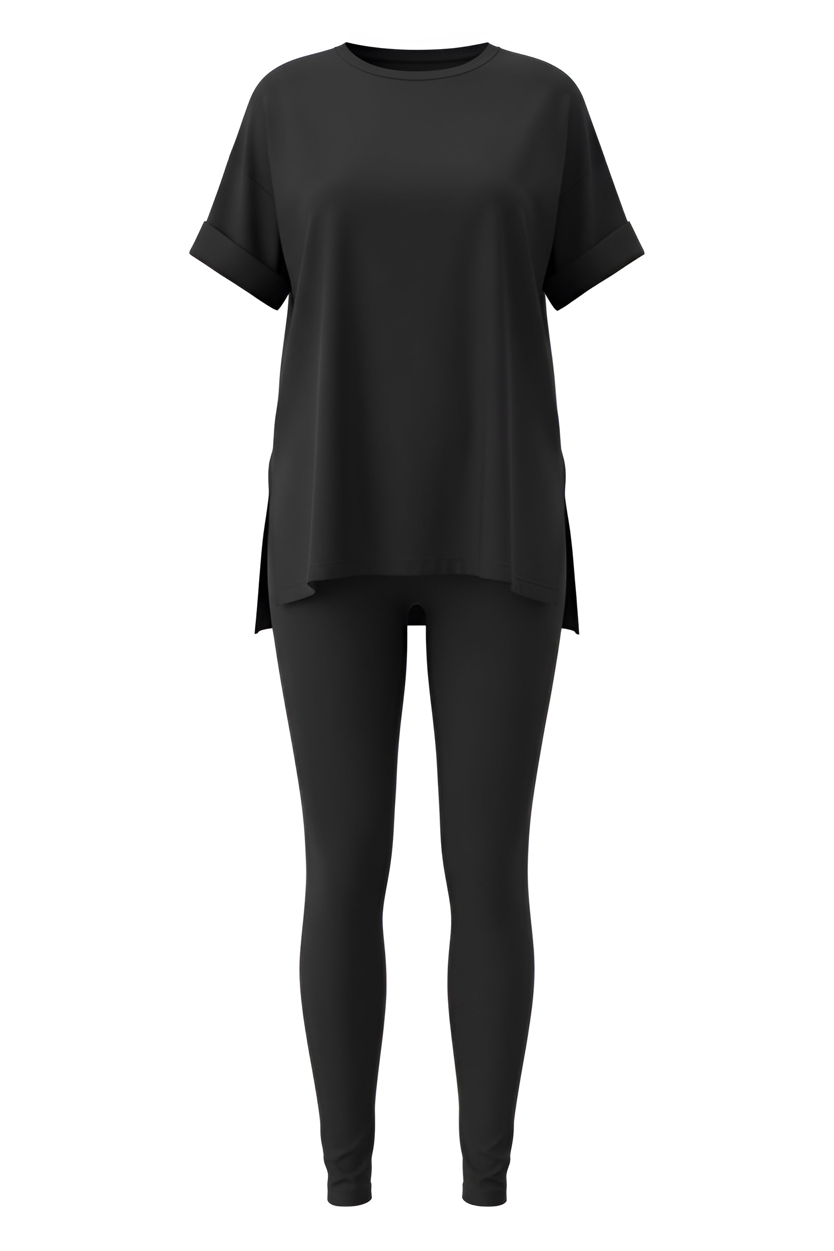 Black t-shirt and leggings set on a white background