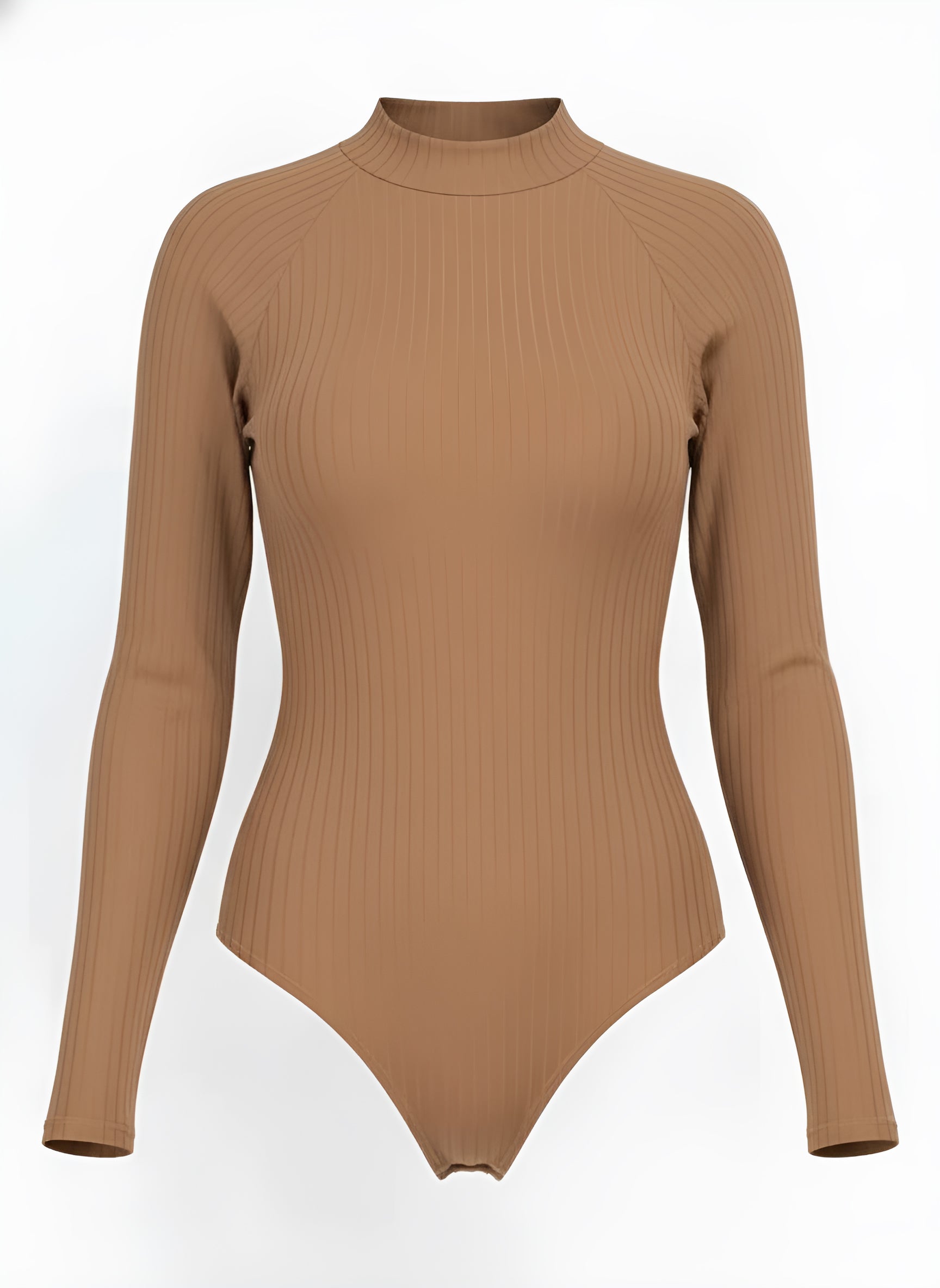 Brown ribbed long-sleeve bodysuit on a white background