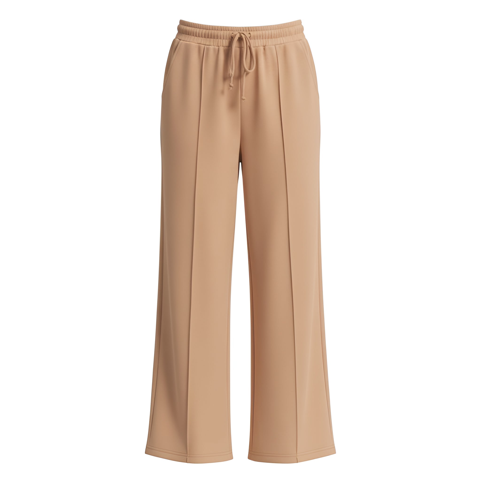 Taupe colored wide-leg pants with a drawstring waist on a white background