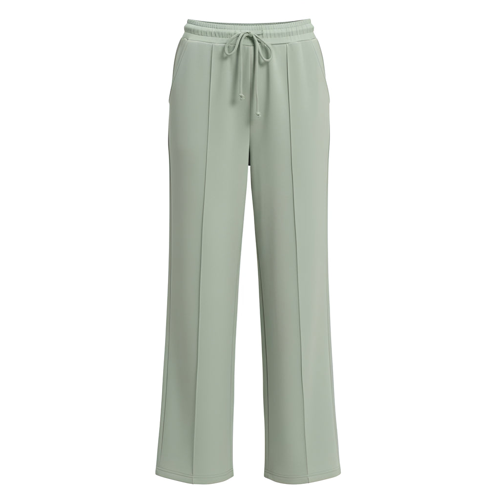 Sage green pants with a drawstring on a white background
