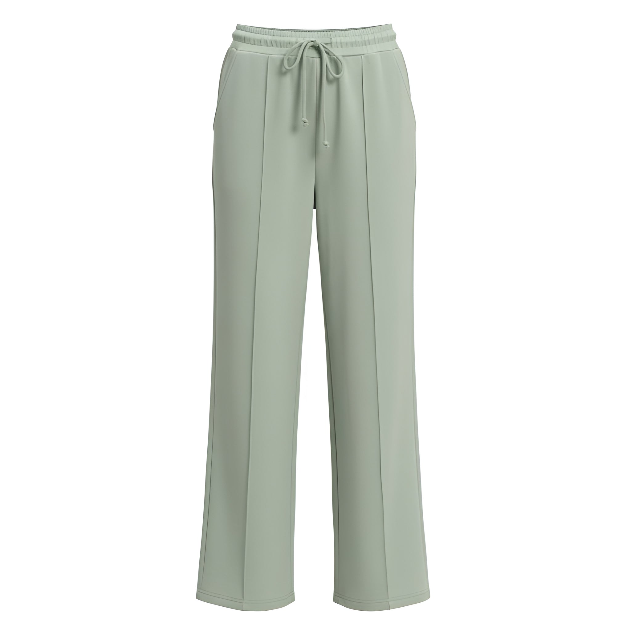 Sage green pants with a drawstring on a white background