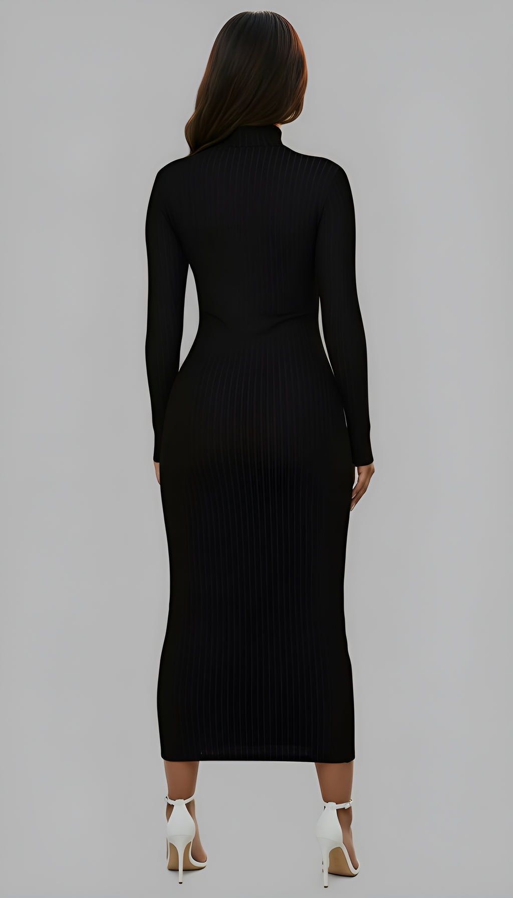 woman posing in long black ribbed dress