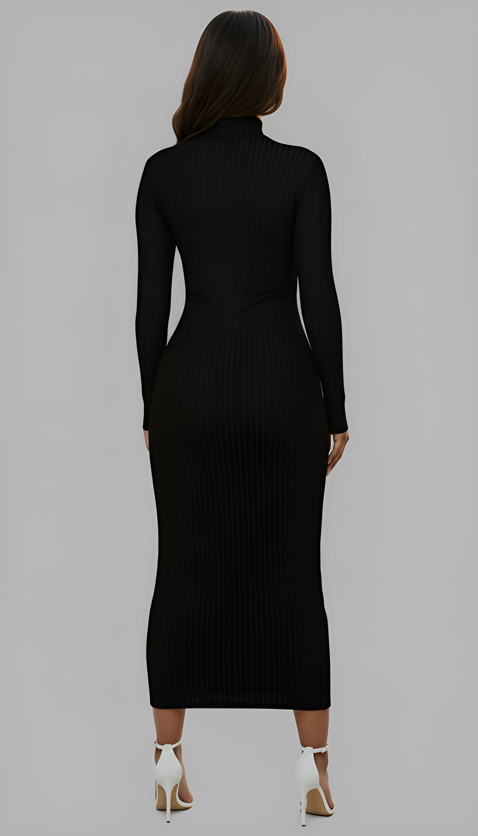 woman posing in long black ribbed dress