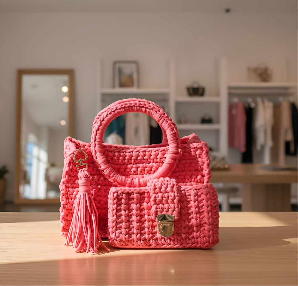 Coral Pink hand knitted handbag with a tassel on a wooden surface, blurred indoor background