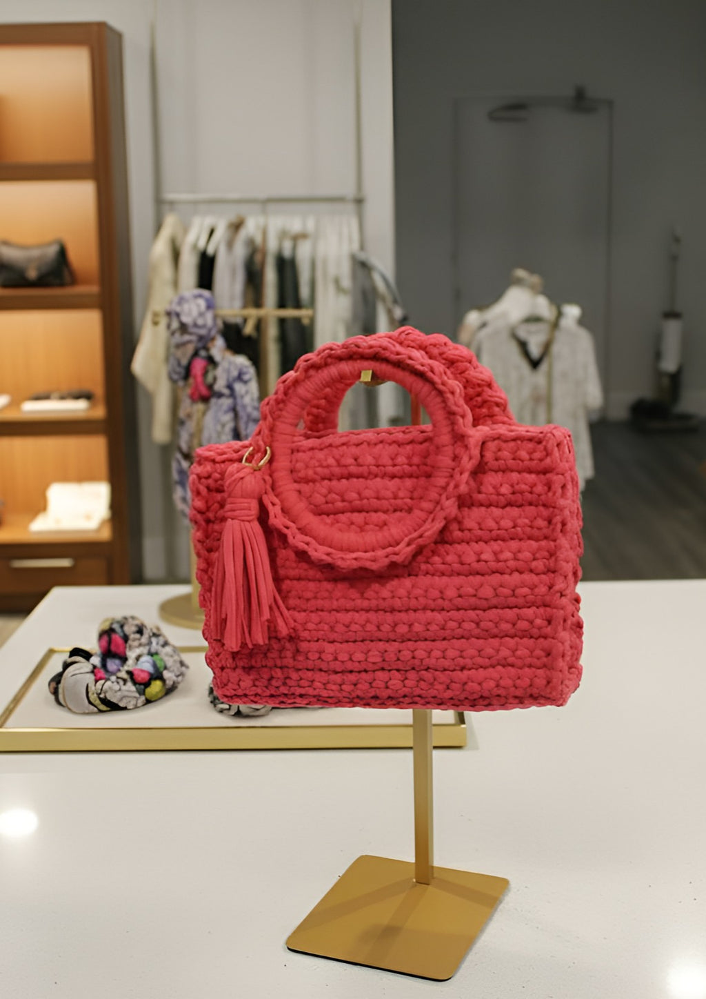 coral Pink hand knitted handbag on a stand in a store setting with clothing in the background