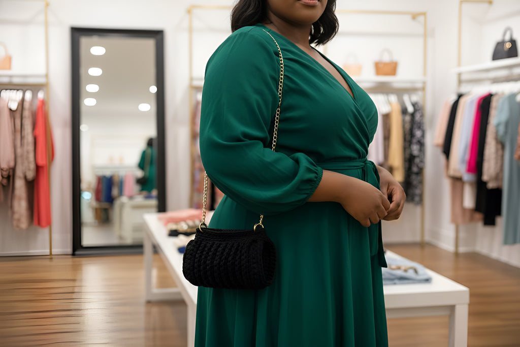 Woman in a green dress holding a black handknitted handbag in a clothing store.