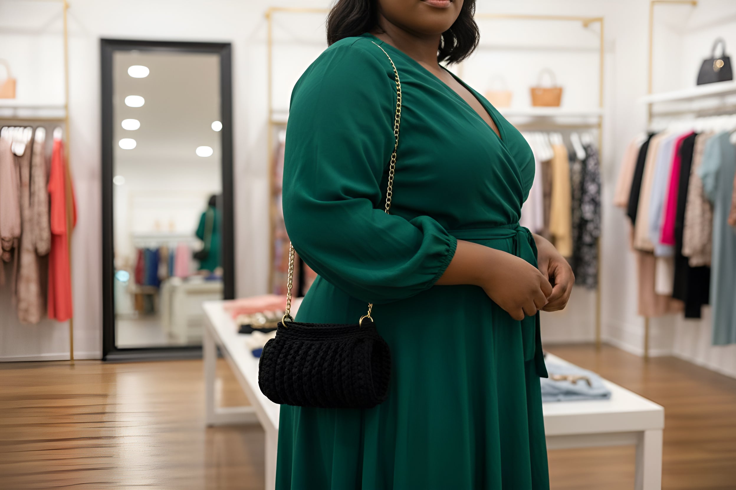 Woman in a green dress holding a black handknitted handbag in a clothing store.