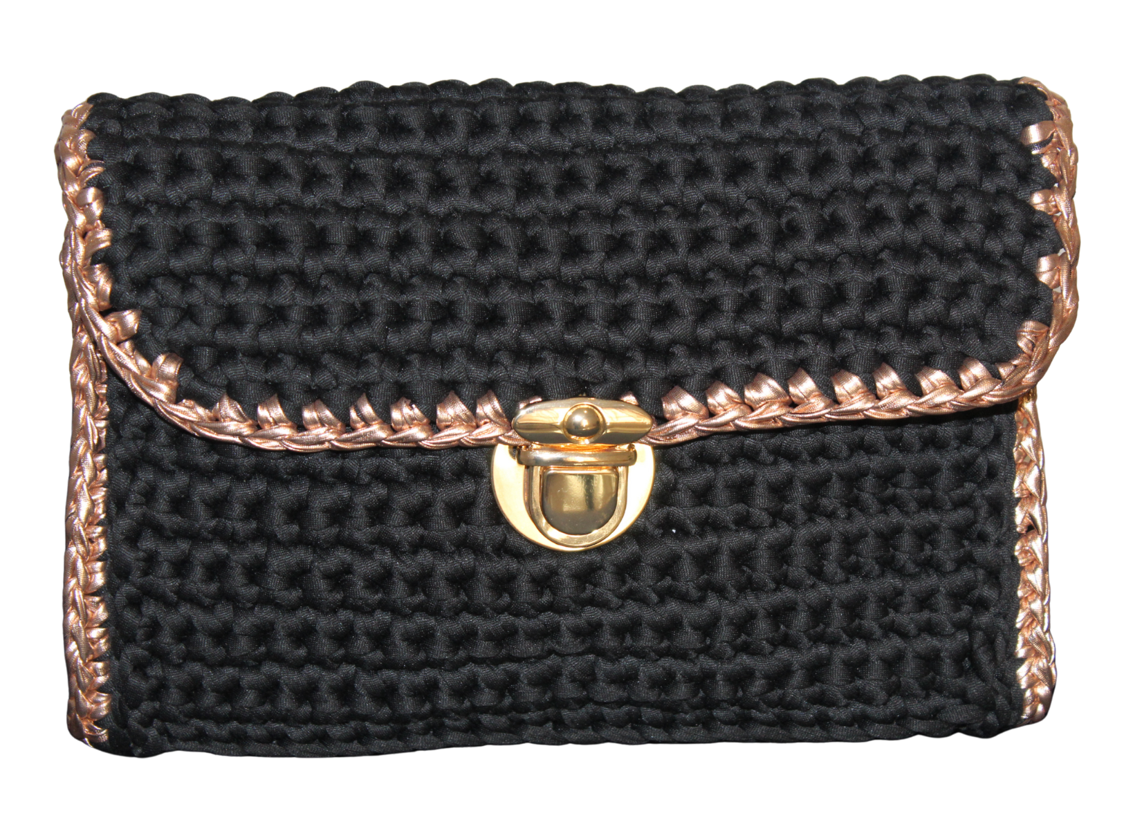 Black textured handknitted handbag with rose gold trim and  gold clasp on a white background