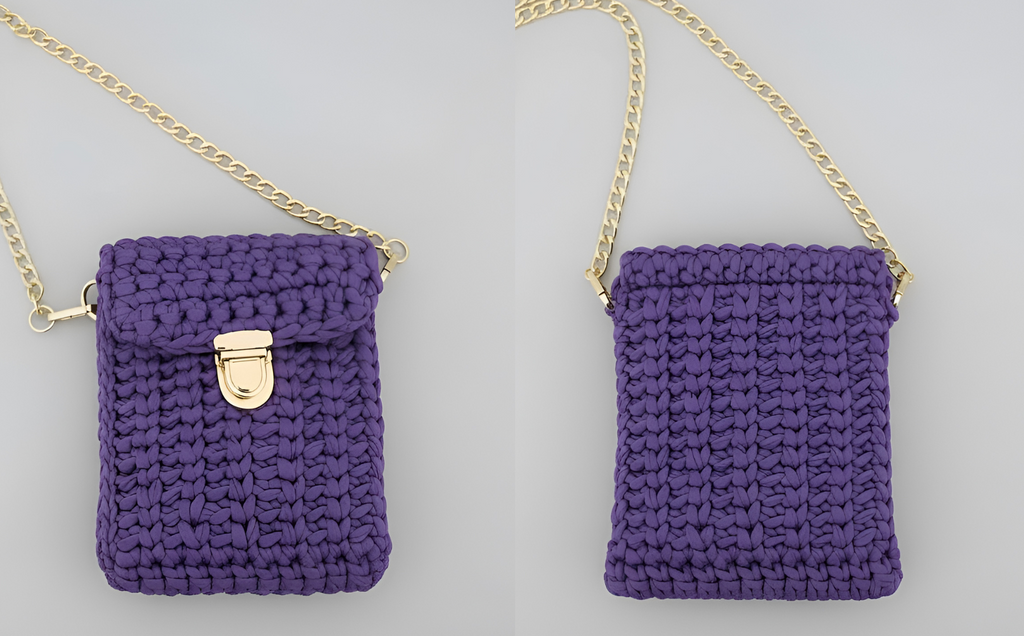 Two purple hand knitted handbags with gold chains on a light gray background
