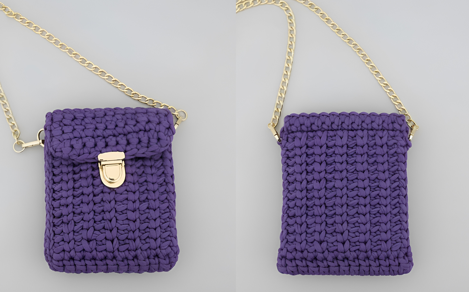 Two purple hand knitted handbags with gold chains on a light gray background